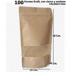 GENERICO - 100 Bolsas Papel Kraft 15x20x4cm. Cierre Hermético Y Ventana