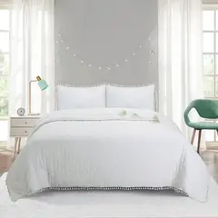 GENERICO - Cubrecama de Algodon 2 plazas Blanco Invierno pompon.