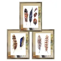 PAPEL ILUSTRADO - Set 3 Cuadros Plateado Plumas Étnicas Espejo 40X50