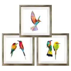 PAPEL ILUSTRADO - Set 3 Cuadros Plateado Pajaros Geométricos 40X40