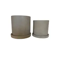 DECOGREEN - SET 2 MACETEROS Y PLATOS CEMENTO CILINDRO M+L