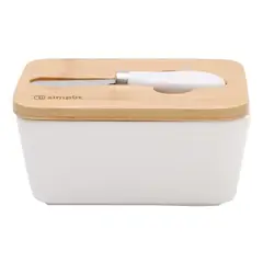 SIMPLIT - Mantequillero Cerámica Tapa Bamboo + Cuchillo 600 ml - Blanco.
