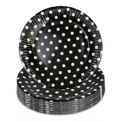 GENERICO - 10 Platos Cumpleaños Desechables negro lunares blancos 23cm