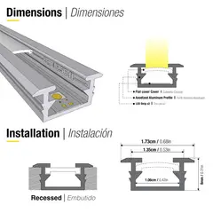 DEMASLED - Perfil Aluminio Difusor Plano Opal Cinta Led Embutir 17x8mm
