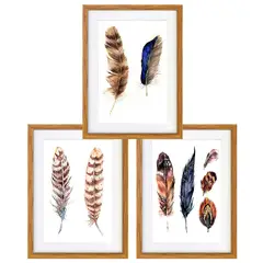 PAPEL ILUSTRADO - Set 3 Serie Plumas Étnicas 30x40 cm Marco Madera