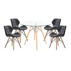 KLIK - Comedor Mesa Redonda de Vidrio 80cm + 4 Sillas Radar negras