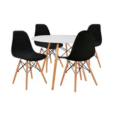 KLIK - Comedor Mesa Eames Redonda Blanca 80cm + 4 Sillas Eames Negras