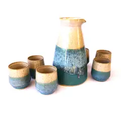 BRIGITTE LAHSEN - Set Pisco Sour Turquesa. Incluye un jarro y 6 seis vasos..