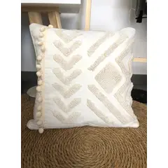 TODOHOGAR SANTIAGO DE CHILE - Cojín bohemio beige con blanco y pompones cbh18 45X45cm