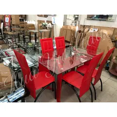 OEM - Juego de comedor rectangular vidrio templado con 6 sillas Rojo 140x80x75…