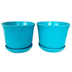 DECOGREEN - SET 2 MACETEROS BIODEGRADABLES CURVOS TURQUESA CON PLATO.