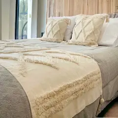 MANDIRHOME - Set Piecera + 2 Fundas Cojín Boho Crudo Camila 210x60cms y 45x45cms