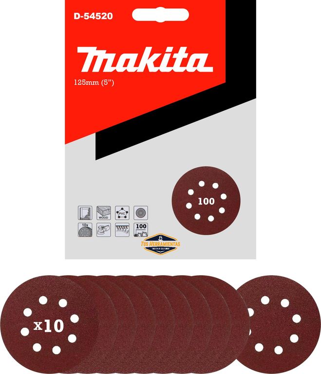10 Discos Lija Con Velcro 125mm (5) Grano 100 D-54520
