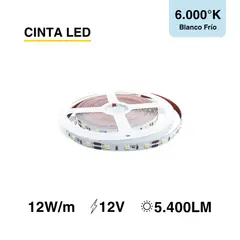 DEMASLED - Cinta Led Tira Luz Fría Smd2835 12v 12w/m 60 Led/m 5m Ip33