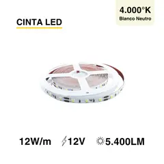 DEMASLED - Cinta Led Tira Luz Neutra Smd2835 12v 12w/m 60 Led/m 5m Ip33
