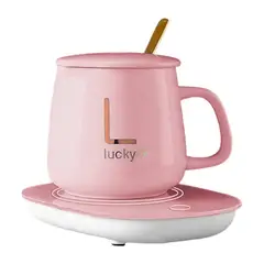 IRM - Calentador De Taza Inteligente Mug Ceramica Con Cuchara Y Tapa Base Termica Para Cafe Te Color Rosa