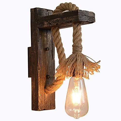 Aplique Rustico Lampara De Pared Retro De Madera Y Cañamo
