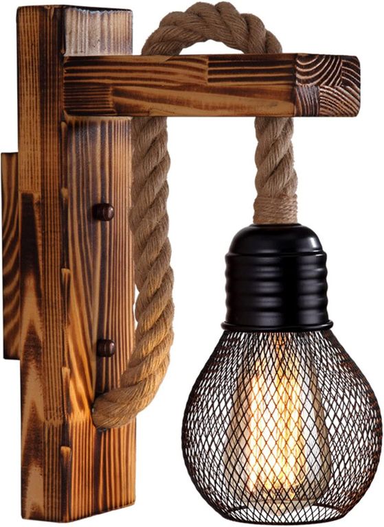Aplique Rustico Lampara De Pared Retro De Madera Cañamo y Jaula d