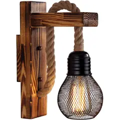 GENERICO - Aplique Rustico Lampara De Pared Retro De Madera Cañamo y Jaula d