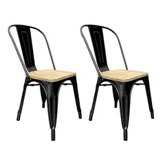 VENHOOUSE - Pack De 2 Sillas Tolix Negra Con Asiento De Madera