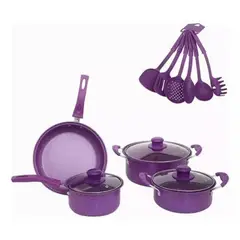 GENERICO - Bateria De Cocina 14 Piezas Morado Antihaderente Templado