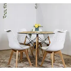 CORI CORI - Comedor Mesa Eames Vidrio 100 cm + 5 Sillas Tulip Blancas