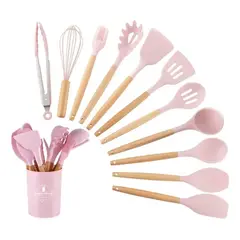 GENERICO - Utensilios Set De Cocina 12 Piezas Silicona Mango De Madera Rosado