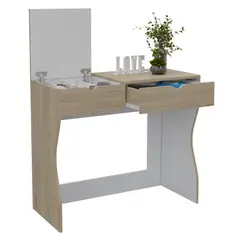 FMFURNITURE - Mueble Tocador 2 Cajones - Café Claro y Blanco 78x90x40 cm