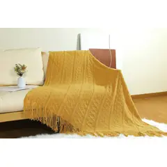 ANGELES DEL HOGAR - Manta para sofa tejida con Flecos 172x127cm Amarilla