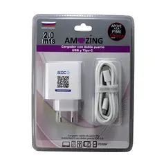 AMAZING - Cargador Rápido 2 USB / 1 C + Cable Tipo C a Tipo C 2mts