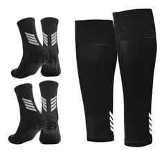 FITNICS - Medias Futbol Niños Antideslizantes Set 2 + Pantorrillera - Negro