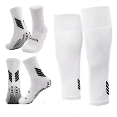 FITNICS - Medias Futbol Niños Antideslizantes Set 2 + Pantorrillera - Blanco