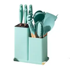 GENERICO - Juego de Utensilios Silicona Con Soporte de Madera Para Cocina Turqueza