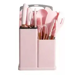 GENERICO - Set De Cocina Juego De Utensilios De Silicona Rosado Soporte Madera