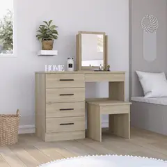 FMFURNITURE - Mueble Tocador Con Espejo y 4 Cajones - Café Claro 126.7x100x42.5 cm