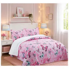 COMPRAPO - Cubrecama Quilt Sherpa 1.5 Pza. Mod. Mariposas Pink Funda 50x70 Cm