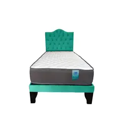 FLOBAL - Cama 1,5 Plaza Turquesa Base Respaldo + Colchón de resortes