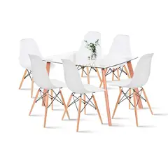 KLIK - Comedor Mesa de Vidrio Nórdica 140x90 cm + 6 Sillas Eames Blancas KLIK.