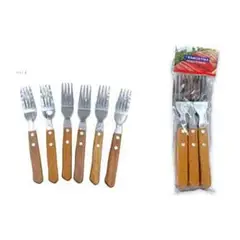 GENERICO - Pack de 6 Tenedores Acero Inoxidable Cubiertos Mango Madera