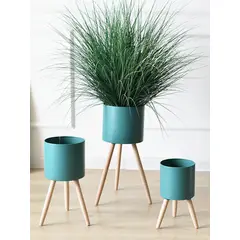 GENERICO - Macetero Metálico turquesa con patas de madera