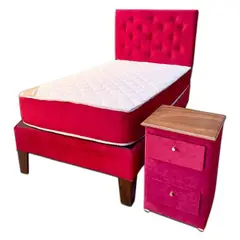 MUEBLES HVM - Cama HVM 1P Rojo  + velador Pmadera