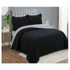 COMPRAPO - Cubrecama Quilt Algodón Pompones 2 Plazas + 2 Fundas Color Negro