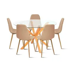KLIK - Comedor redondo de vidrio Cross 120cm + 5 Silla Spoon Velvet - Beige