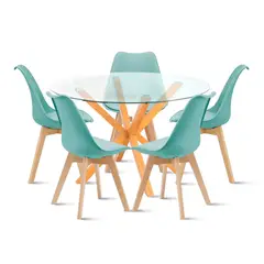 KLIK - Comedor redondo de vidrio Cross 120cm + 5 Silla Tulip Acolch