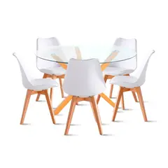 KLIK - Comedor redondo de vidrio Cross 120cm + 5 Silla Tulip Acolchada - Blanca