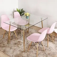 CORI CORI - Juego de Comedor Vidrio 130x 80 cm + 4 Sillas Eames Rosa