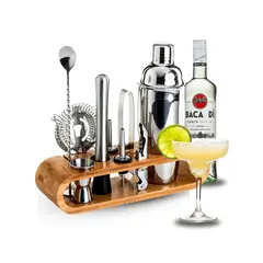 GENERICO - Set Coctelería Bartender Mixología Coctelera Acero Y Bambú