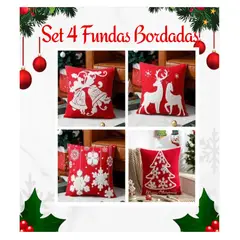 ALMA & DECO - Set X 4 Fundas Cojín Navidad "Premium" Bordadas Rojo y Blanco 45x45 Cm