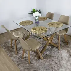 CORI CORI - Comedor Medlock Vidrio 140x90+ 4 Sillas Tulip acolchadas Beige