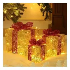 GENERICO - Decoracion navideña - Set de 3 Cajas de navidad con luz LED Dorado
